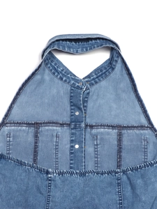 Women sleeveless dark blue denim dress with lapel collar and button-down A-line design