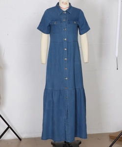Detailed view of denim maxi dress with button-down front, shirt collar and ruffled hem