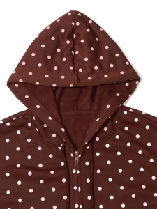 Detail of brown polka dot hoodie zip neckline with adjustable drawstrings
