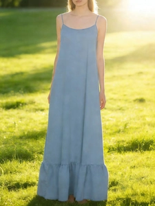 Women Casual Denim Camisole Dress Sexy Deep V Neck Ruffle Hem Loose Flowy Sleeveless Summer Vacation Elegant Blue Maxi Dress