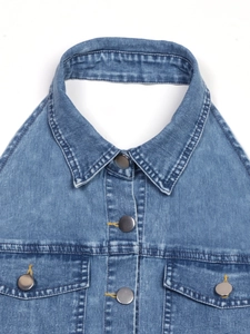 Women's A-line denim dress with lapel collar and button-down front in medium blue wash
