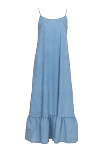 Light blue denim patchwork camisole maxi dress with elegant ruffle hem and flowy A-line cut
