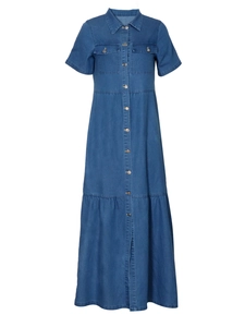 Classic mid-blue denim maxi dress with short sleeves and single-breasted front