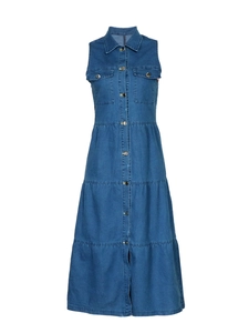 Robe longue en jean bleu foncé sans manches avec col à revers et boutons simples