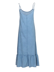 Light blue denim midi dress with spaghetti straps and flowing ruffle hemline design