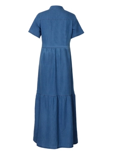 Women's blue denim tiered midi dress with short sleeves and collar seen from the back