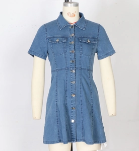 Detailansicht der Knopfleiste und Brusttaschen an diesem blauen Denim-Minikleid