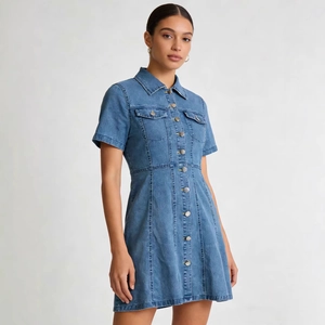 Detailaufnahme von Kragen und Knopfleiste am Jeanskleid mit Taschen und gewaschener Textur