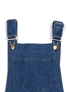 Women's dark blue denim overall dress with adjustable straps and chest pocket