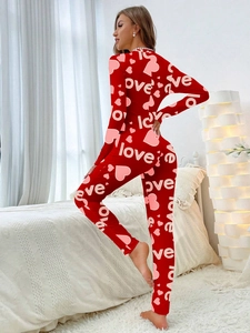 Women's red slim fit jumpsuit with heart and LOVE letter print for Valentine's Day