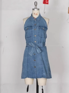 Women's sleeveless denim dress with lapel collar, button front, and waist tie belt