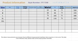 Size chart for women's summer casual pants style YF11398 with S-XL waist and length specs