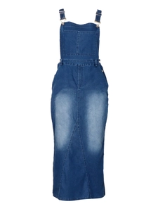 Abito scamiciato in denim vintage blu scuro con spalline regolabili e tasca frontale