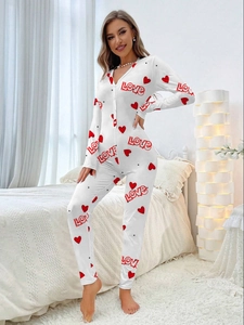Women's white slim fit jumpsuit with red heart and LOVE letter print for Valentine's Day