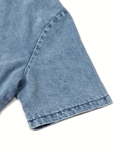 Blue washed denim dress with short sleeves featuring reinforced double stitching detail