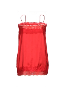 Detailed close-up of red satin camisole with elegant lace trim and slim shoulder straps