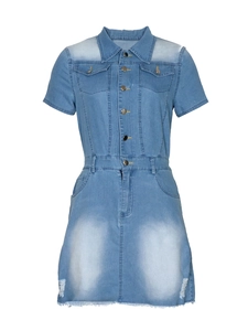 Short sleeve light blue denim shirt dress with metallic buttons and frayed hem