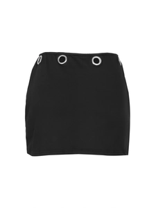 Minifalda negra ajustada para mujer con ojales plateados y diseño de cintura hueca