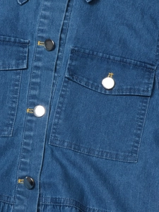 Classic blue denim long dress with front double flap pockets and contrast stitching detail