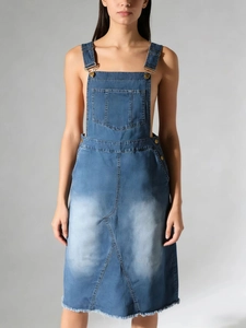 Vintage blue denim overall dress with adjustable straps and frayed hem for women