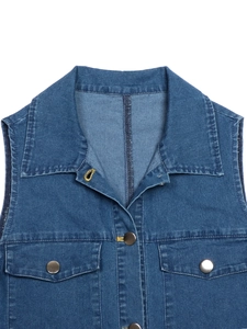 Robe en jean sans manches pour femme avec col à revers classique et boutons argentés