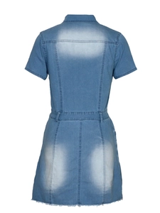 Slim fit light blue washed denim dress with short sleeves and raw hem details on the back