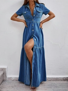 Women Casual Short Sleeve Denim Maxi Dress Shirt Collar Single Breasted Tiered Hem Washed Blue Long Pocket Sun Dress