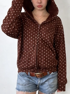 Women Fashion Polka Dot Print Zipper Hooded Jacket Thin Short Outerwear Casual Long Sleeve Top For Spring Autumn