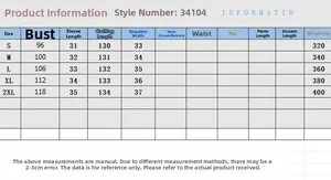 Tableau des tailles pour robe longue en jean avec mesures de poitrine et de longueur