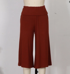 Front view of rust red high-waisted wide-leg culottes on a mannequin for daily wear