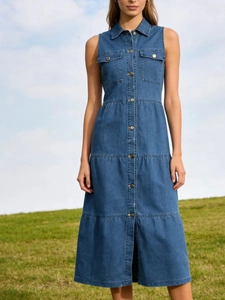 Robe Midi en Denim Sans Manches pour Femme Simple Boutonnage Col à Revers à Étages Trapèze Bleu Robe en Jean