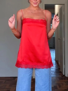 Women Sexy Satin Camisole Lace Trim V Neck Spaghetti Strap Loose Sleeveless Summer Top Elegant Satin Luster Cami Tank Top