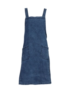 Classic dark blue washed denim pinafore dress with sleeveless straps and dual front pockets