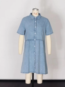 Short sleeve light blue denim shirt dress with lapel collar and A-line silhouette