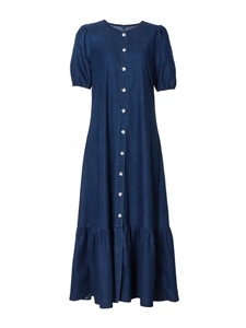 Robe midi en jean à manches bouffantes courtes avec boutons et ourlet à volants