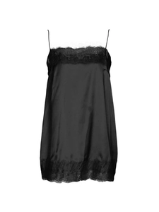 Elegant black silk satin slip dress with delicate lace trim and thin straps