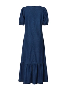 Robe longue en jean bleu foncé avec manches bouffantes et ourlet à volants de dos