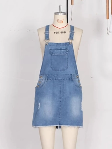 Women's casual light blue denim pinafore dress with pockets and adjustable straps