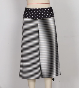 Detail of high waisted wide leg shorts with black white stripes and polka dot waistband