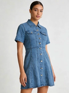 Damen Casual Denim Kurzarm Mini Kleid Slim Fit Button Up Reverskragen Hemdkleid Mit Taschen Blau Mode Outfit