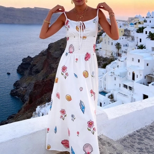 Women's French Vacation Style V-Neck Spaghetti Strap Maxi Dress Slim Fit Smocked Waist Floral Shell Print Summer Sexy Long Dress