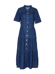 Elegante abito midi in denim blu medio con maniche corte, vita stretta e gonna a balze