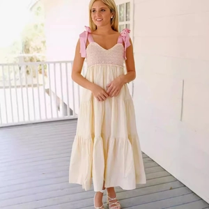 Robe Maxi Sans Manches pour Femmes Smockée Jupe à Étages avec Bretelles à Nœuds Robe Longue Décontractée Douce de Vacances