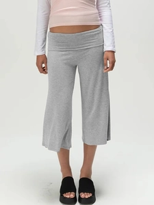Women Casual Wide Leg Cropped Pants Fold Over High Waist Culottes Summer Yoga Lounge Solid Stripe Polka Dot Trouser