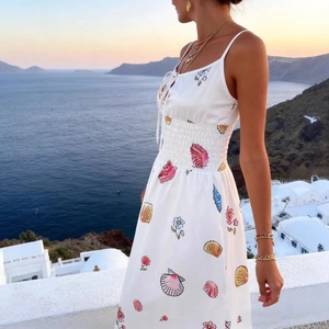 French style white sundress with colorful seashell prints and elastic waist for vacation