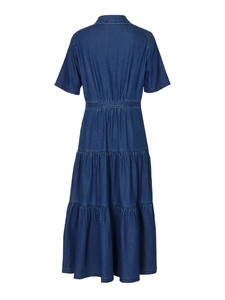 Abito di jeans blu scuro a maniche corte con colletto a revers e gonna a balze elegante