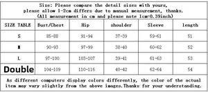 Detailed size chart for women's denim shirt including chest, hip, shoulder and sleeve info