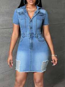 Women Slim Fit Denim Short Sleeve Dress Fashion Distressed Frayed Hem Lapel Button Up Pocket Washed Blue Denim Mini Dress