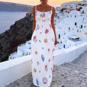 French style floral summer maxi dress with seashell print and high waist smocking