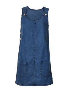 Women's dark blue denim pinafore dress with wooden buttons and front pockets